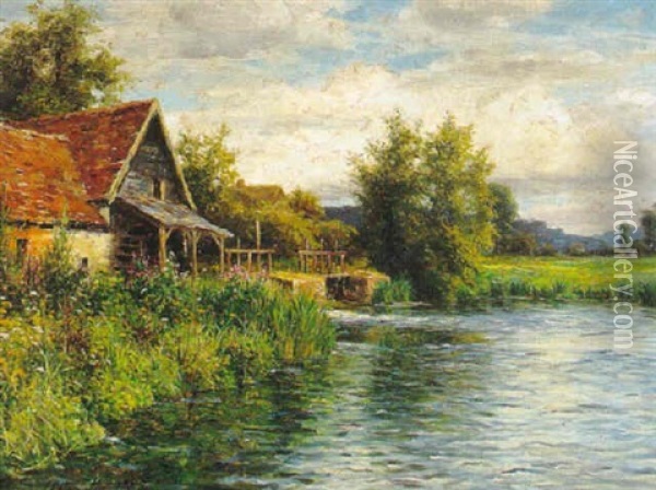 English Cottage By The Lake Oil Painting - Louis Aston Knight