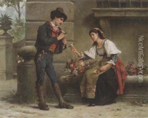 Der Rosenkavalier. Galanter Junger Herr Bei Einer Blumenverkauferin Oil Painting - Charles Baptiste Schreiber