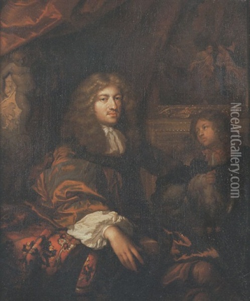 Portrait Of A Gentleman In A Shot-silk Coat, Attended By A Page, In An Interior With A Picture Of Christ And The Woman Of Samaria Beyond Oil Painting - Caspar Netscher