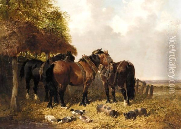 A Farmyard Scene With Horses Oil Painting - John Frederick Herring Snr