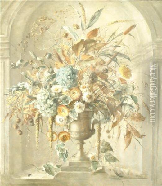 Still Life Ofmixed Flowers In An Urn Oil Painting - Terence Loudon