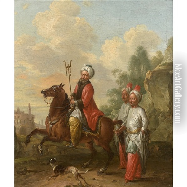Dignitaire Turc A Cheval Avec Ses Janissaires Oil Painting - Jean-Baptiste Hilaire
