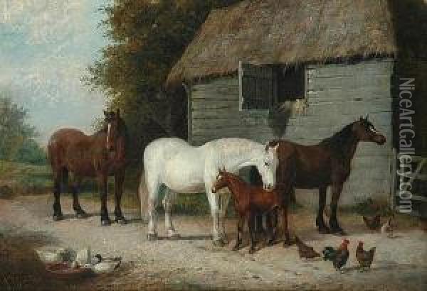 Farmyard With Horses And Ducks Oil Painting - Joseph Clark