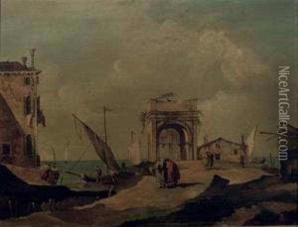 A 'vedute' Of A Coastal Town With Figures Conversing Near A Ruined Arch, Shipping Beyond Oil Painting - Giovanni Antonio Guardi