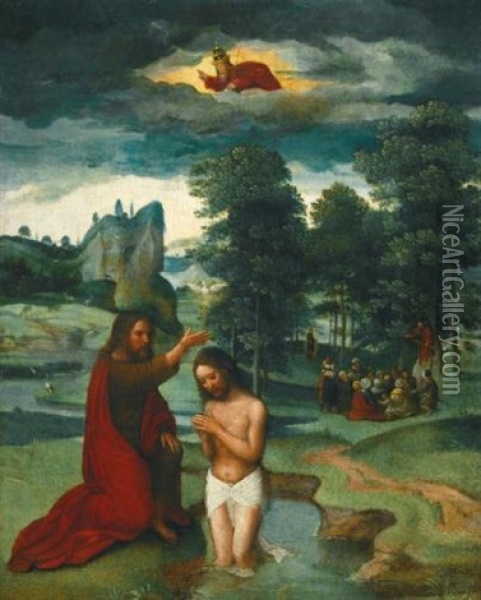 The Baptism Of Christ In A Landscape With The Preaching Of St. John The Baptist In The Background Oil Painting - Gerard David