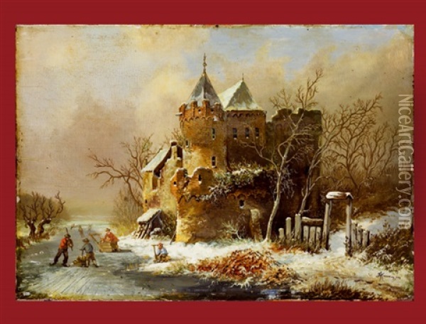 Winterlandschaft Mit Schlittschuhlaufern Oil Painting - Frederik Marinus Kruseman