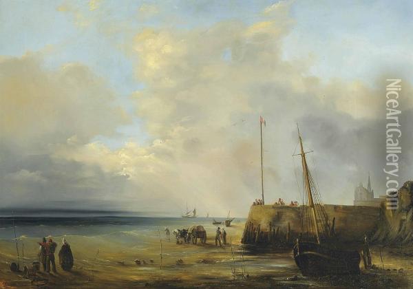 Fishermen At The Harbour Wall, Low Tide Oil Painting - Jean Antoine Theodore Baron Gudin