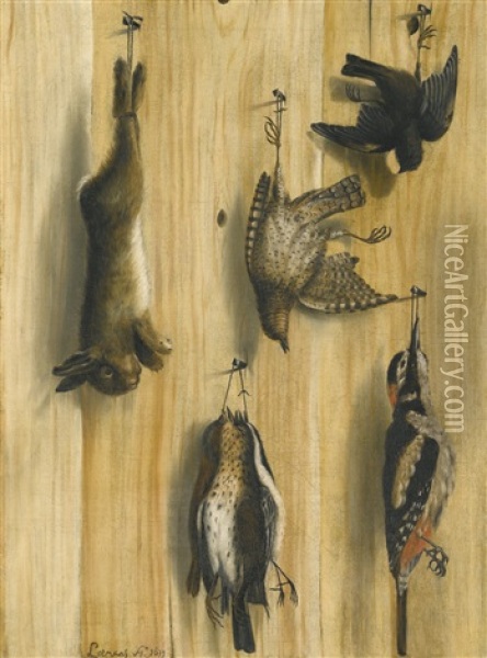 A Trompe L'oeil Still Life With A Rabbit And Various Birds Hanging From Nails Oil Painting - Johannes Leemans