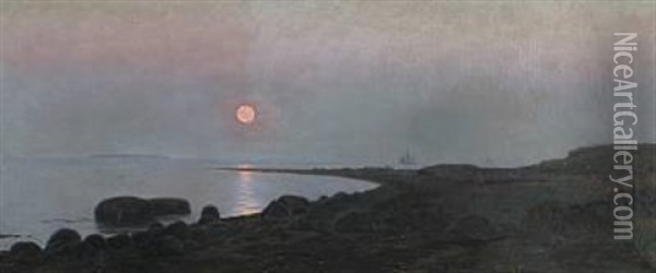 Sunset Over Bjornsknude At Juelsminde Oil Painting - Albert Evard Wang