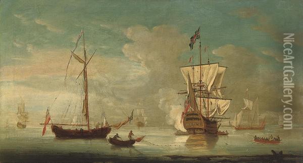 A British Warship Announcing Her Departure From The Anchorage Oil Painting - Thomas Leemans