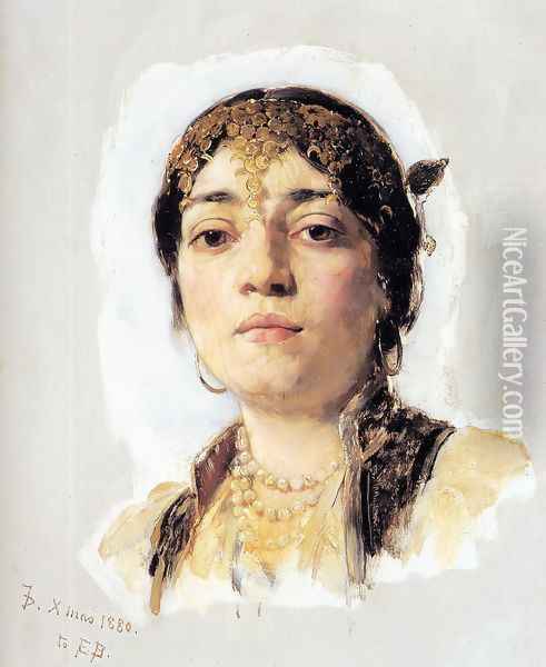 Head of an Oriental Woman Oil Painting - Frank Duveneck
