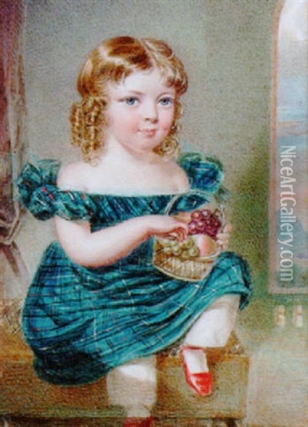 George Olaus Baillie Of Leys Castle As A Child With Blond Curls, Wearing Low-cut Blue Tartan Dress With White Lace Trim Oil Painting - Reginald Easton