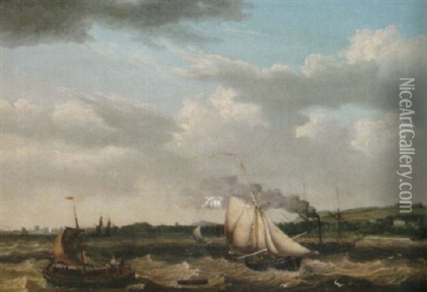 Marin Med Angbat Och Segelfartyg Oil Painting - Thomas A. Binks