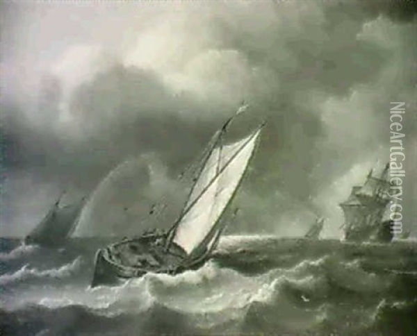 Calm After The Storm;                                       Ship Foundering In Heavy Seas Oil Painting - Thomas Luny