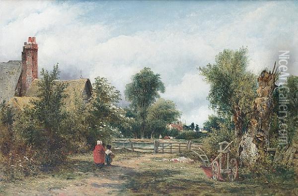 Landscape With Figures Beside A Cottage Oil Painting - Frederick Waters Watts