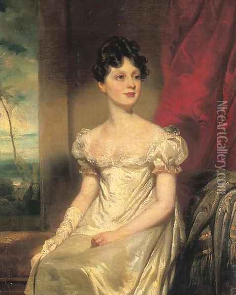 Portrait of Lady Jane Bruce, three-quarter-length, in a white dress, an Eastern landscape beyond Oil Painting - George Chinnery