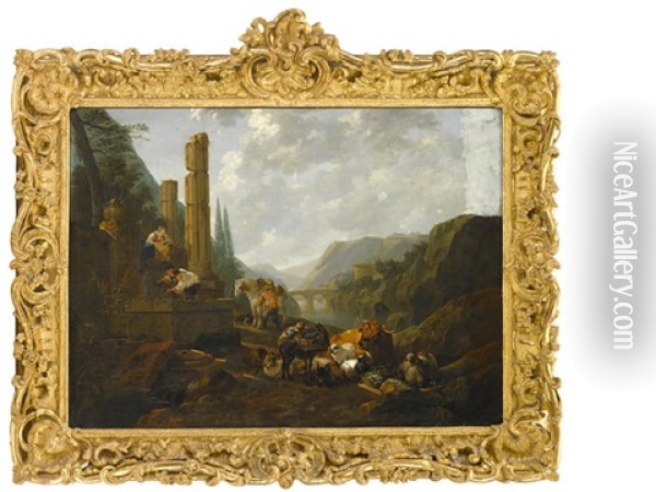 Travellers With Their Livestock Resting Amid Classical Ruins Oil Painting - Johann Heinrich Roos