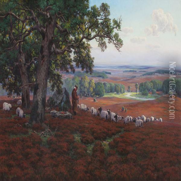 Vast Landscape With A Shepherd Knitting Under Large Oaks Oil Painting - Arnold E. Lyongrun