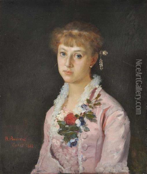 A Portrait Of A Girl With A Flower Wearing Apink Dress Oil Painting - Vlaho Bukovac