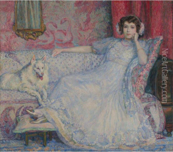 La Dame En Blanc (portrait De Madame Helene Keller) Oil Painting - Theo van Rysselberghe