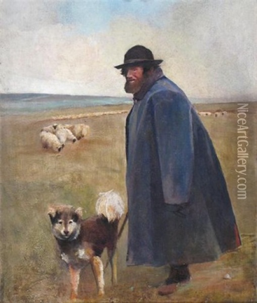 Gideon Fidler Dressed As A Shepherd In A Landscape (+ The Cold Shepherd; 2 Works) Oil Painting - Harry Fidler