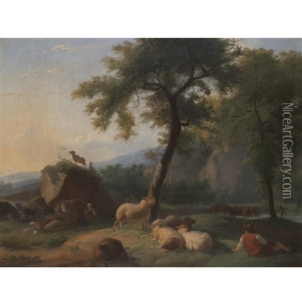 A Pastoral Landscape With A Shepherd Resting With His Flock, And A Herder Watering His Cattle In A River Beyond Oil Painting - Christian Wilhelm Ernst Dietrich