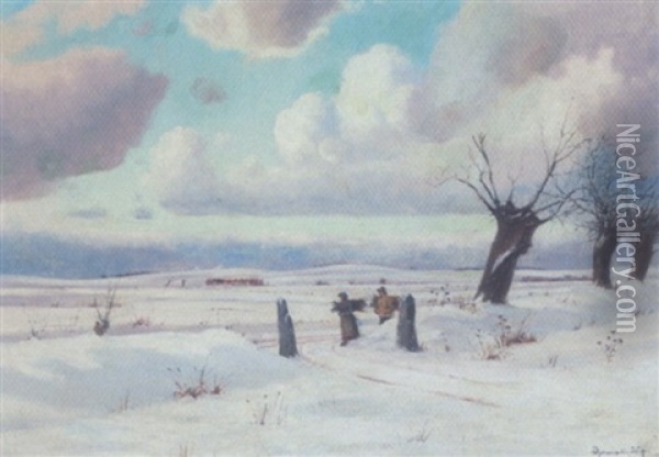 Vinterlandskab Med Braendesamlere Oil Painting - Oscar Herschend
