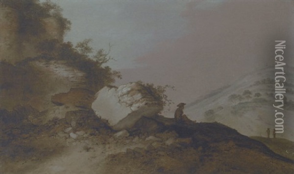 An Extensive Rocky Landscape  With A Traveller Resting On An Outcrop Below A Castle Oil Painting - Jacob Sibrandi Mancadan