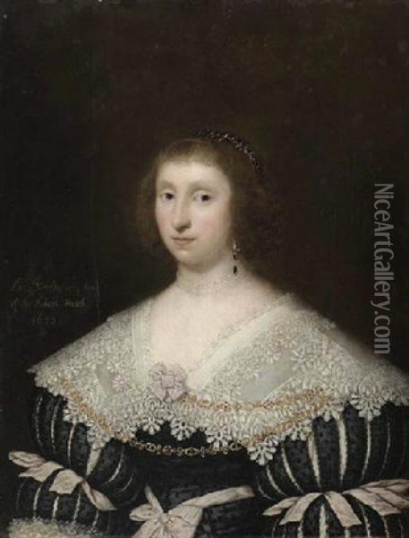 Portrait Of Mary, Lady Morley, In A Black Dress With Slashed Sleeves And A Lace Collar Oil Painting - Cornelis Jonson Van Ceulen