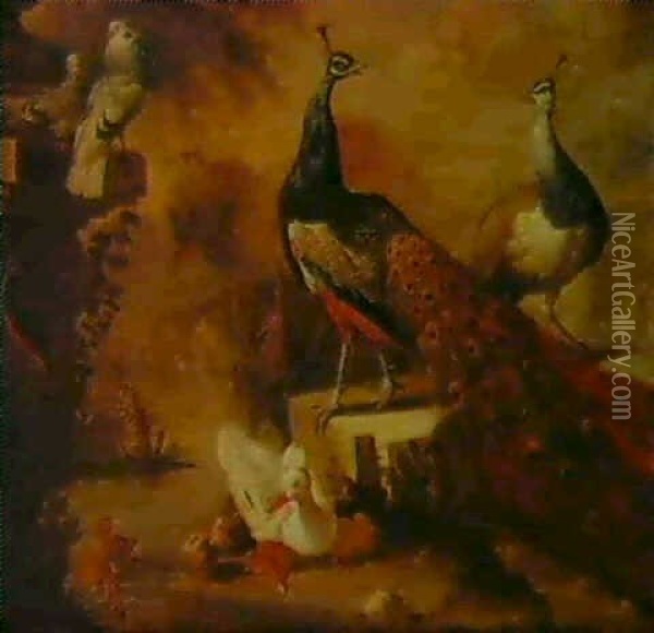 Peacocks And Other Exotic Fowl In A River Landscape Oil Painting - Marmaduke Cradock