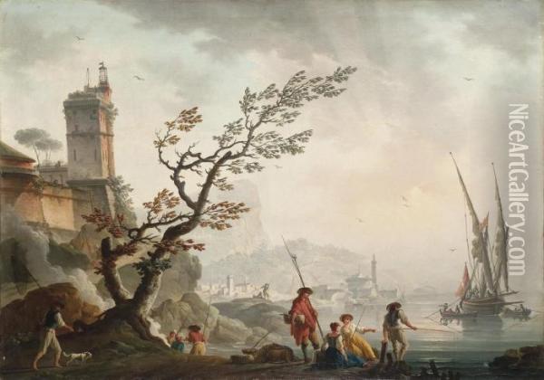 Rivage Mediterraneen Avec Des Pecheurs, Le Soir Oil Painting - Charles Francois Lacroix de Marseille