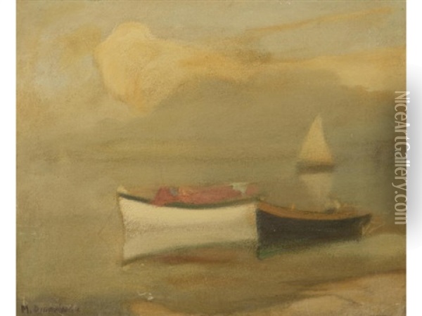 Boats At Shore Oil Painting - Mihalis Economou
