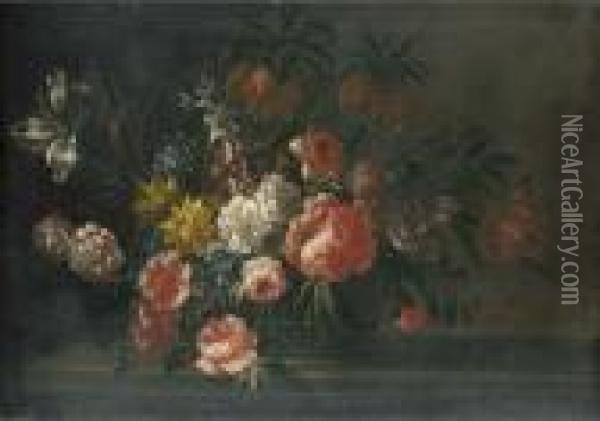 Roses, Carnations, Tulips And Other Flowers In A Basket On A Stone Ledge Oil Painting - Jean-Baptiste Monnoyer