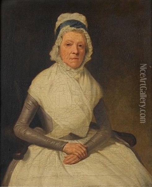 Portrait Of An Elderly Lady Seated, Half-length, In A Grey Dress With A White Shawl And A White Cloth Cap (+ Portrait Of A Lady Seated, Half-length, In A Black Dress And A White Cloth Cap Holding A Bo Oil Painting - Samuel de Wilde