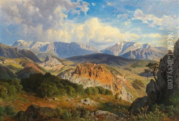 View Of The Rax And Schneeberg Mountains, In The Centre The Semmering Railway Oil Painting - Giovanni (Johann) Varone