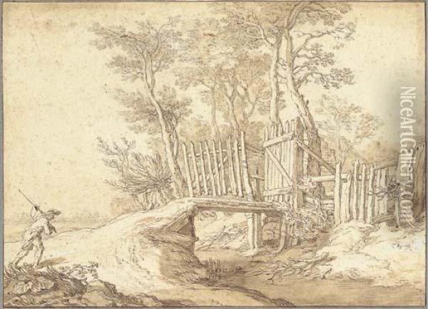 A Peasant Approaching A Bridge Over A Stream, A Wood Beyond Oil Painting - Abraham Bloemaert