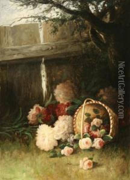 Fallen Basket Of Flowers In A Fenced Yard Oil Painting - Wesley Webber