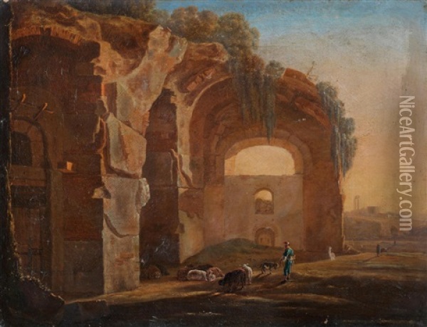 An Italianate Landscape With A Shepherd Before Classical Ruins, Possibly The Baths Of Diocletian Oil Painting - Jan Asselijn