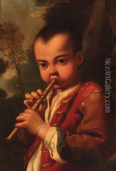 A boy playing a flute in a landscape Oil Painting - Antonio Amorosi