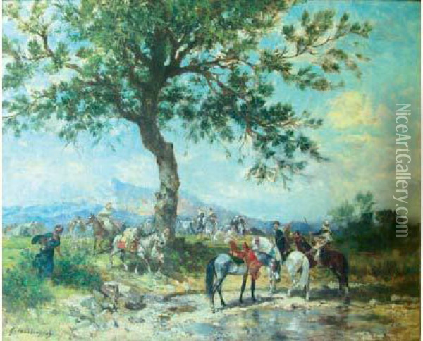 Chevaux Et Cavaliers A La Riviere Oil Painting - Georges Washington