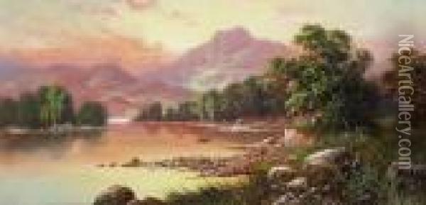 Boat On A Loch; Loch Scene At Dusk Oil Painting - Sidney Yates Johnson