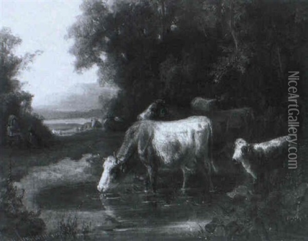 Kuhe An Der Tranke Oil Painting - Louis (Ludwig) Reinhardt
