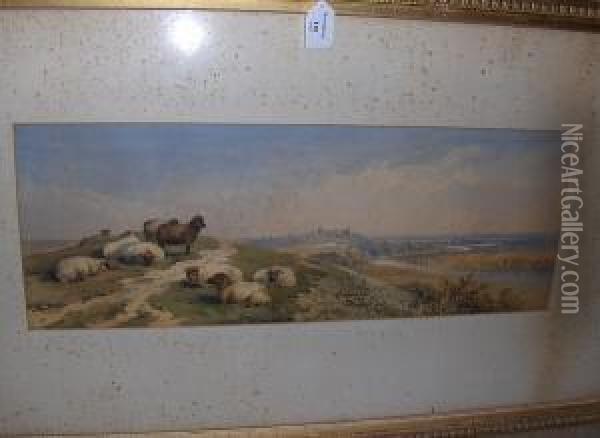 River Landscape With Sheep And Distantcastle Oil Painting - Cornelius Pearson