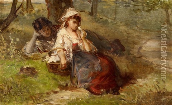 Zwei Madchen Auf Einer Waldwiese Ruhend Oil Painting - Henry Albert Payne