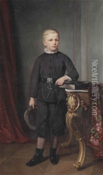 Portrait Of A Boy, Full-length, Wearing A Black Suit And Holding A Hat Standing In An Interior Oil Painting - Clara Wilhelmine Oenicke