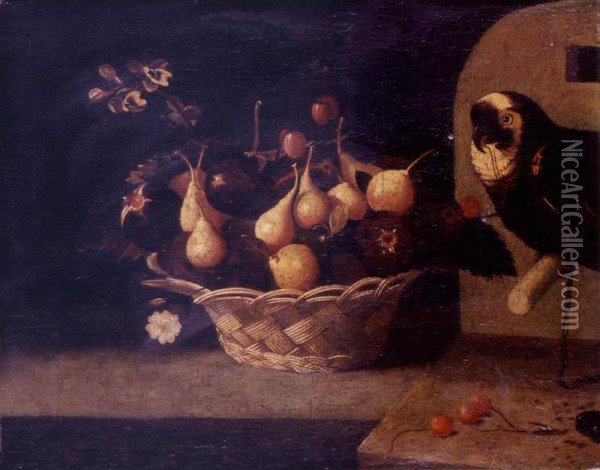 Still Life Of Cherries, Plums And Figs In A Basket Resting On A Ledge, A Parrot Looking On Oil Painting - Baltazar Gomes Figueira