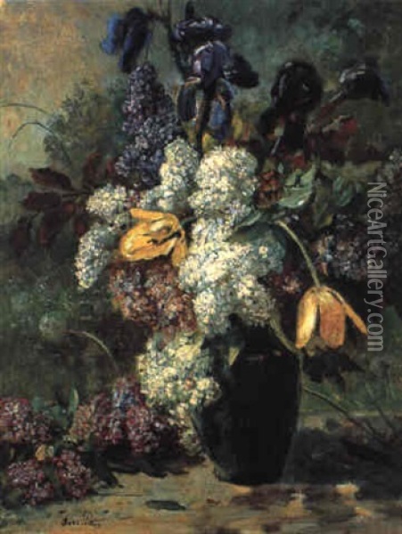 Blumenstilleben Mit Flieder, Schwertlilien Und Tulpen Oil Painting - Anna Peters