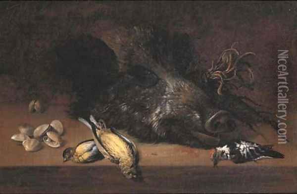 A hunting still life with a boar's head Oil Painting - Johann Adalbert Angermayer