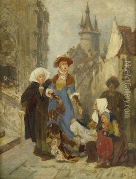 Die Almosenspende (eine Edeldame Reicht Einer Bedurftigen Mutter Ein Almosen) Oil Painting - Robert Julius Beyschlag