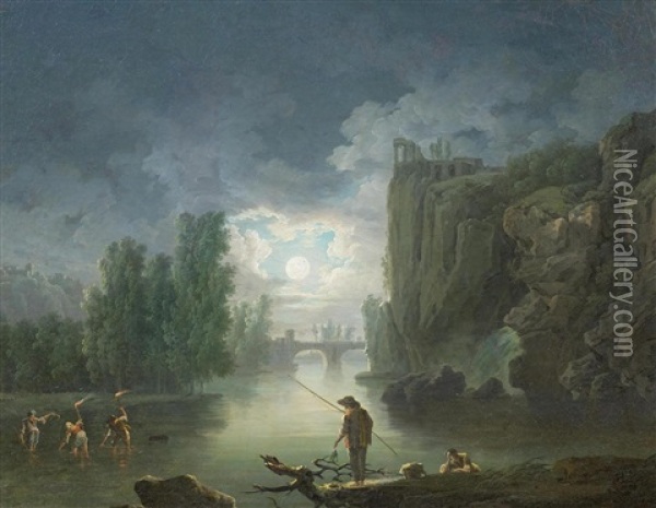 Flusslandschaft Mit Nachtlichen Fischern Oil Painting - Claude Joseph Vernet